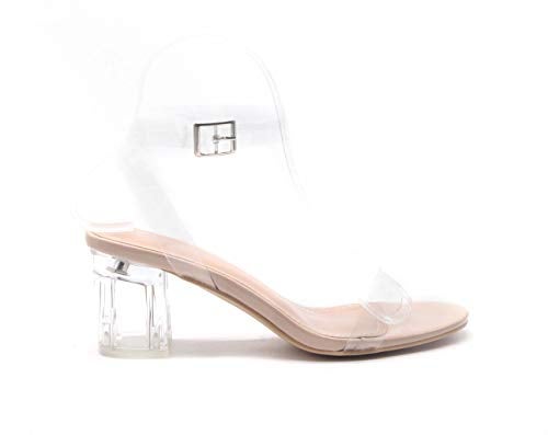 Cape Robbin Wisdom Clear Chunky Block Low Heels for Women, Transparent Strappy Open Toe Shoes Heels for Women - Nude Size 9 - Image 5