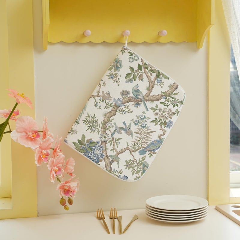 GOLIANDA Blue Green Floral Bird Dish Drying Mats 18x24 Inch Blue Green Vintage Flowers Bird Chinoiserie Decorative Drying Mats Outdoor Kitchen Decor Coffee Bar Mat for Kitchen Dining Room - Image 4