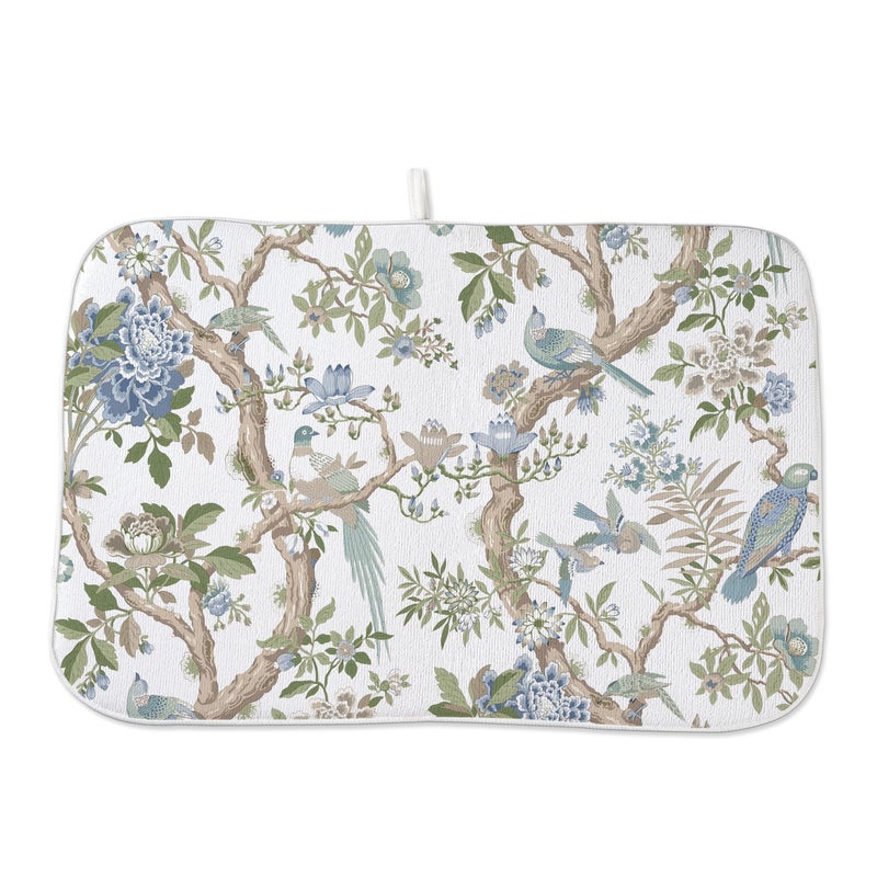 GOLIANDA Blue Green Floral Bird Dish Drying Mats 18x24 Inch Blue Green Vintage Flowers Bird Chinoiserie Decorative Drying Mats Outdoor Kitchen Decor Coffee Bar Mat for Kitchen Dining Room - Image 1