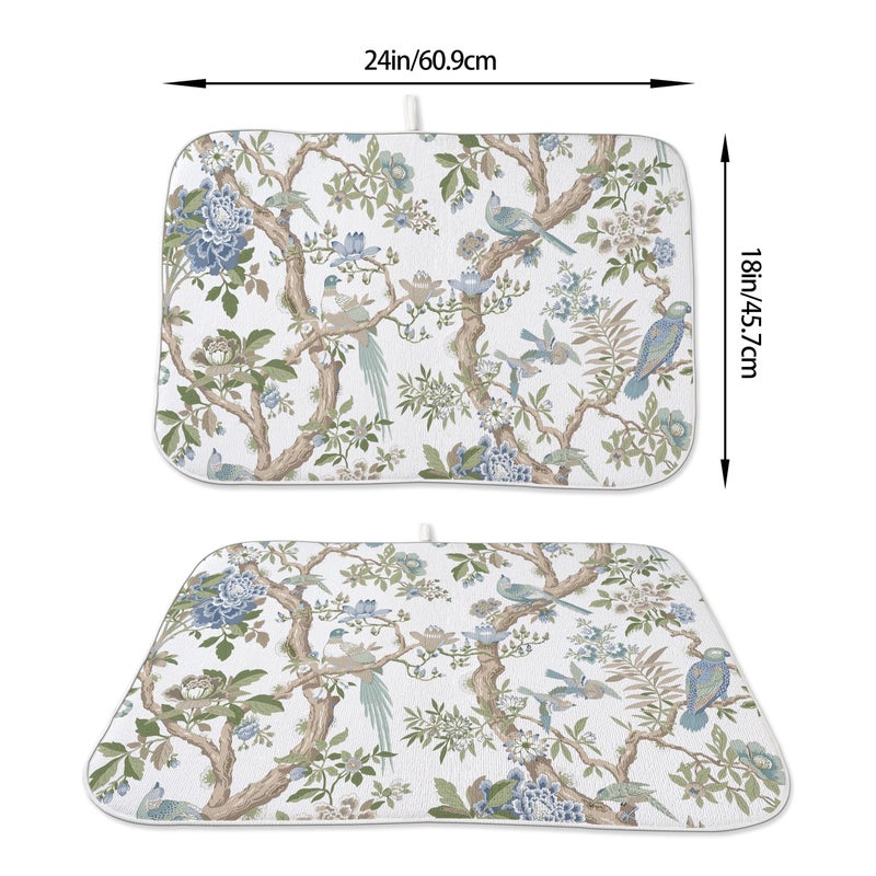 GOLIANDA Blue Green Floral Bird Dish Drying Mats 18x24 Inch Blue Green Vintage Flowers Bird Chinoiserie Decorative Drying Mats Outdoor Kitchen Decor Coffee Bar Mat for Kitchen Dining Room - Image 2