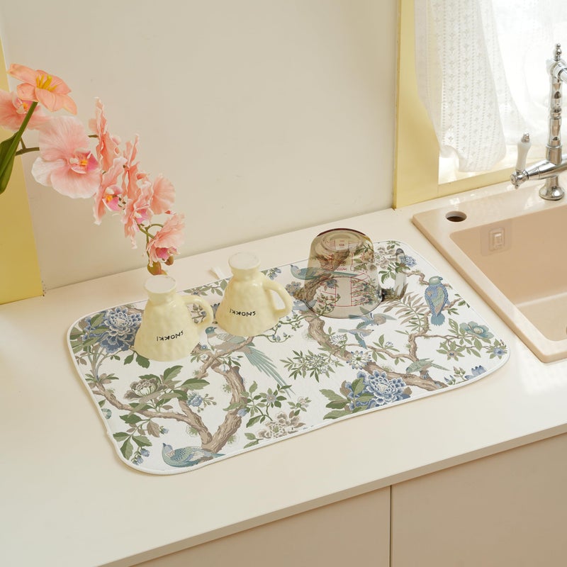 GOLIANDA Blue Green Floral Bird Dish Drying Mats 18x24 Inch Blue Green Vintage Flowers Bird Chinoiserie Decorative Drying Mats Outdoor Kitchen Decor Coffee Bar Mat for Kitchen Dining Room - Image 5