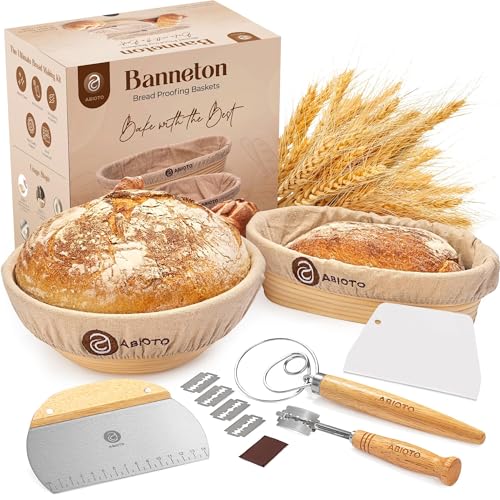 Sourdough Kit with Professional Bread Making Tools Complete Sourdough Bread Making Kit with 10 Round 11 Oval Handcrafted Bannetons Bread Lame Danish Whisk Bowl Dough Scrapers 14Piece Kit