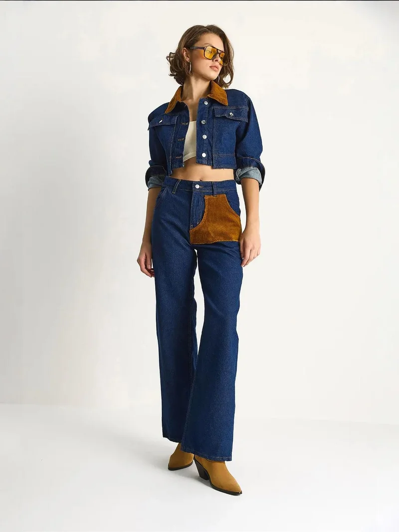 Bianco Lucci Navy Blue LUCCI High Waist Denim Co-ord Set with Shirt Collar for Women | Best Price UAE