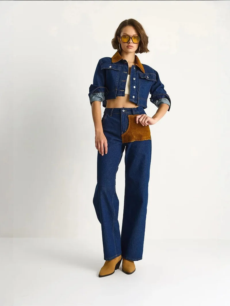 Bianco Lucci Navy Blue LUCCI High Waist Denim Co-ord Set with Shirt Collar for Women | Best Price UAE