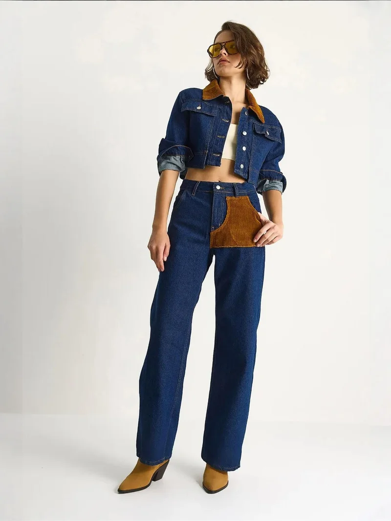 Bianco Lucci Navy Blue LUCCI High Waist Denim Co-ord Set with Shirt Collar for Women | Best Price UAE
