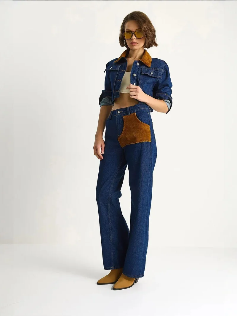 Bianco Lucci Navy Blue LUCCI High Waist Denim Co-ord Set with Shirt Collar for Women | Best Price UAE