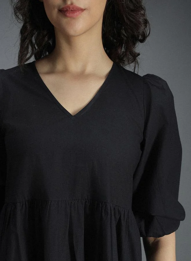 HIGH STAR V Neck Cotton Tiered Midi Dress by Styli