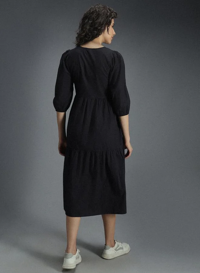 HIGH STAR V Neck Cotton Tiered Midi Dress by Styli