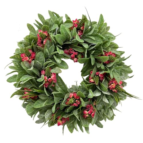 Flacredyyy 20 Inch Spring Summer Wreath for Front Door, Artificial Floral Door Wreath with Pink Blooms & Greenery for Indoor Outdoor Farmhouse Housewarming Window Wall All Seasons Decor - Image 1