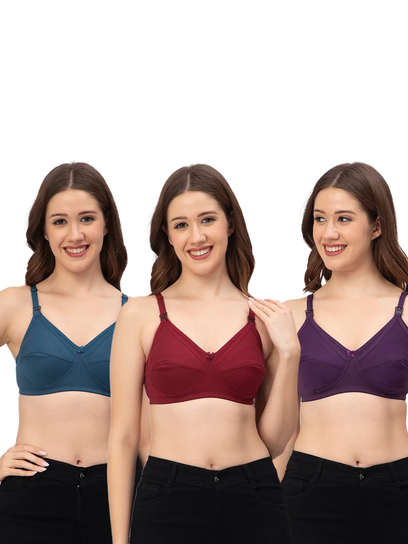 CEE 18 Women's Cotton Hosiery Non-Padded Non-Wired Maternity Bra(Pack of 3,WINE,RED,T-BLUE)