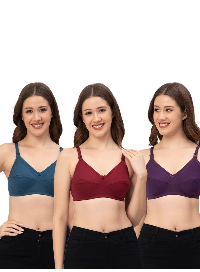 CEE 18 Women's Cotton Hosiery Non-Padded Non-Wired Maternity Bra(Pack of 3,WINE,RED,T-BLUE)