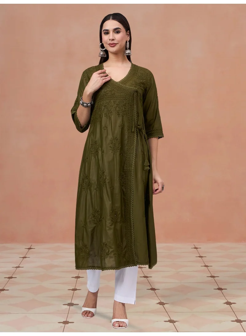 Hand Embroidered Chikankari A-Line Chanderi Cotton Angarkha Kurta-AL3667