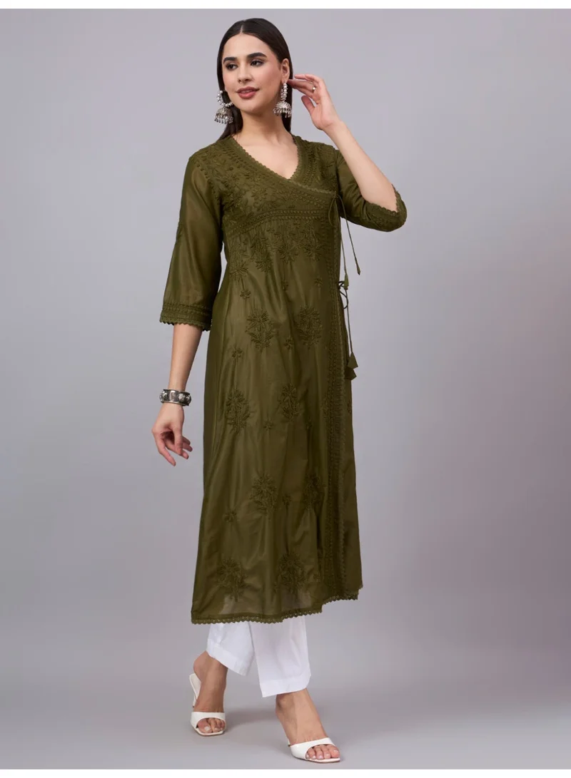 Alaya  Hand Embroidered Chikankari A-Line Chanderi Cotton Angarkha Kurta-AL3667 for Women | Best Price UAE