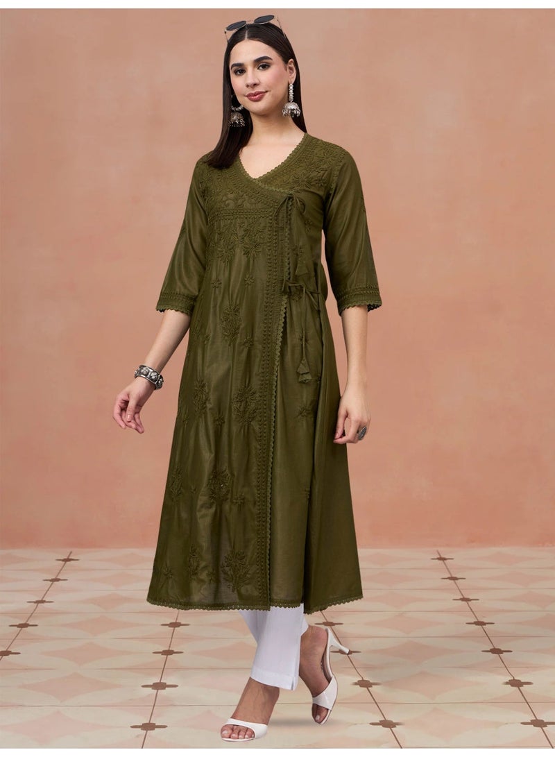 الايا مطرزة يدويا شيكانكاري أ-لاين قطن تشانديري أنجارخا كورتا- AL3667 - Image 3