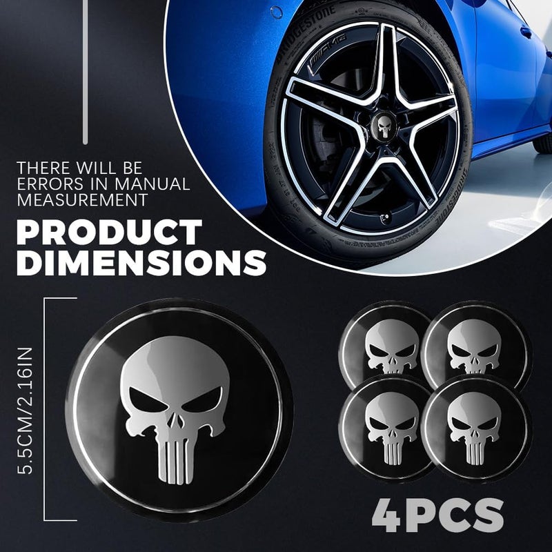 PACLVIO 4PCS Wheel Center Caps, Center Caps for Rims, 2.2" Skull Car Hub Cap Sticker, Car Exterior Decoration Accessories Wheel Hub Caps Center Cover for Mos Cars (Black) - Image 2