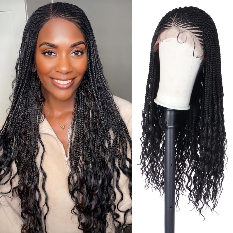 Alebery 13x6 HD Lace Front Box Braided Wigs with Curly End Lace Frontal Box Braids Wigs for Black Women Lightweight Synthetic Black Cornrow Fully Handmade Braided Wig with Baby Hair (26 inches) - Image 1