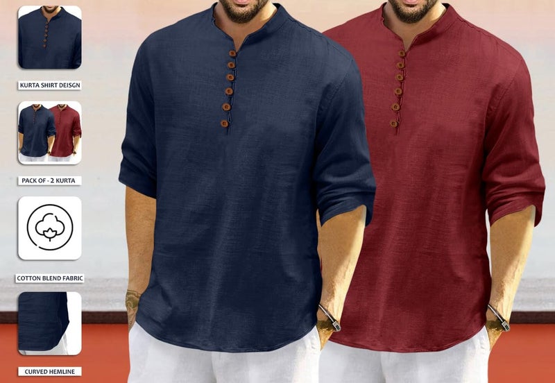 ROYALSCOUT Men's Cotton Polyester Blend Solid Regular Fit Full Sleeve Short Kurta | Ethnic, Lightweight Summer Kurta for Daily & Occasion Use Navy-Maroon - Image 3