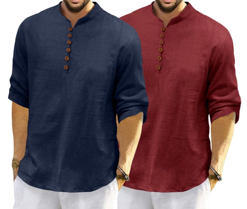 ROYALSCOUT Men's Cotton Polyester Blend Solid Regular Fit Full Sleeve Short Kurta | Ethnic, Lightweight Summer Kurta for Daily & Occasion Use Navy-Maroon - Image 1