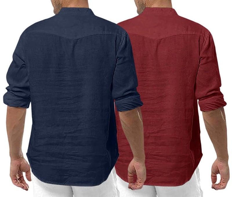 ROYALSCOUT Men's Cotton Polyester Blend Solid Regular Fit Full Sleeve Short Kurta | Ethnic, Lightweight Summer Kurta for Daily & Occasion Use Navy-Maroon - Image 2
