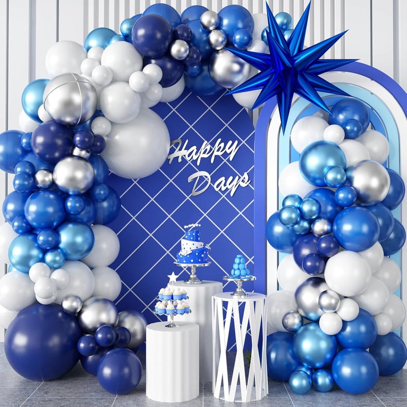 DG 94Pcs Blue Balloon Garland Arch Kit Navy Blue Silver White Balloons Garland Kit with Metallic 4D Star Foil Balloon Birthday Party Balloons for Boys Men Baby Shower Wedding Graduation Party Decoration - Image 1