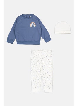 Toddlers Boy 3 Pcs Graphic Print Sweatshirt And Bottom With Beanie, Blue