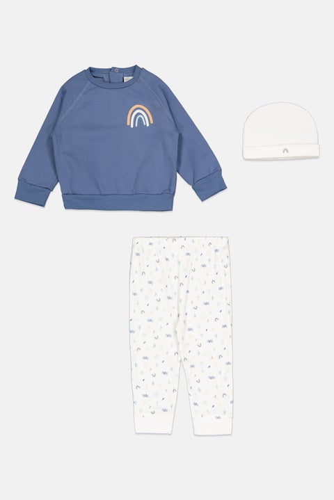Toddlers Boy 3 Pcs Graphic Print Sweatshirt And Bottom With Beanie, Blue