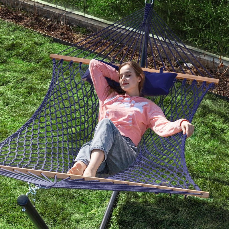 PNAEUT Double Hammock with Stand for Outside, Rope Hammocks with Hardwood Spreader Bar 2 Person, 12ft Heavy Duty Stand, Extra Pillow, Max 475 lbs Capacity (Royal Blue) - Image 2