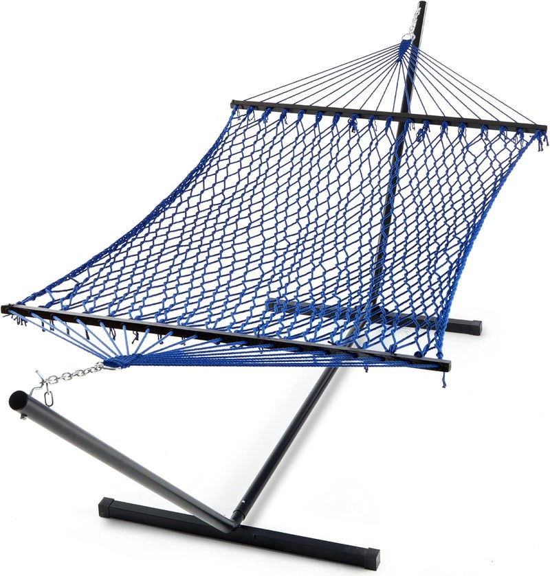 PNAEUT Double Hammock with Stand for Outside, Rope Hammocks with Hardwood Spreader Bar 2 Person, 12ft Heavy Duty Stand, Extra Pillow, Max 475 lbs Capacity (Royal Blue) - Image 1