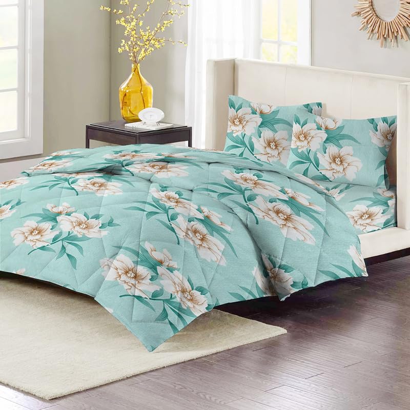 VAS COLLECTIONS Super Soft Glace Cotton King Size AC Comforter Wedding Gift Set (with Bag) for Double Bed with 1 Flat Bedsheet and 2 Pillow Cover Pastel Colours Light Green (4PC Comforter Set) - Image 3