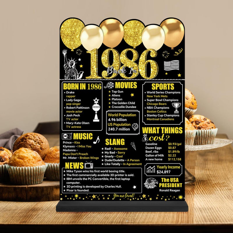 Guiruiy Black Gold 40th Birthday Decorations Gifts for Men Women, Two-Sided Vintage 40 Back in 1986 Theme Poster Wooden Table Sign with Stand, Forty Years Old Bday Centerpieces Holder for Table Decor - Image 4