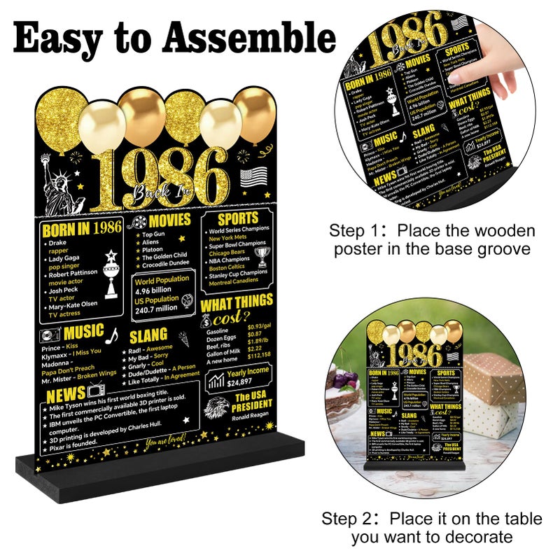 Guiruiy Black Gold 40th Birthday Decorations Gifts for Men Women, Two-Sided Vintage 40 Back in 1986 Theme Poster Wooden Table Sign with Stand, Forty Years Old Bday Centerpieces Holder for Table Decor - Image 3