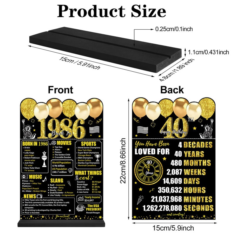 Guiruiy Black Gold 40th Birthday Decorations Gifts for Men Women, Two-Sided Vintage 40 Back in 1986 Theme Poster Wooden Table Sign with Stand, Forty Years Old Bday Centerpieces Holder for Table Decor - Image 2