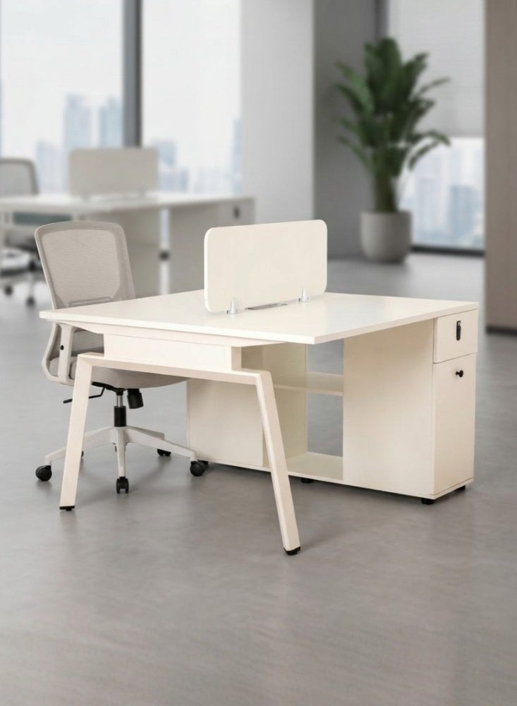 Karnak Azteca 2 Person Office Workstation Desk with Privacy Screen & Storage Drawers Mechanical Lock Computer Table (White) - Image 1