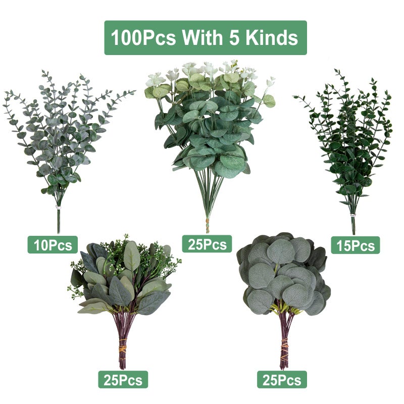 Cliselda 100pcs Artificial Eucalyptus Leaves Stems, 5 Kinds Mixed Fake Greenery Stems Bulk, Silver Eucalyptus Bundle Greenery Branches for Wedding Floral Bouquet Arrangement Centerpiece Decoration - Image 2