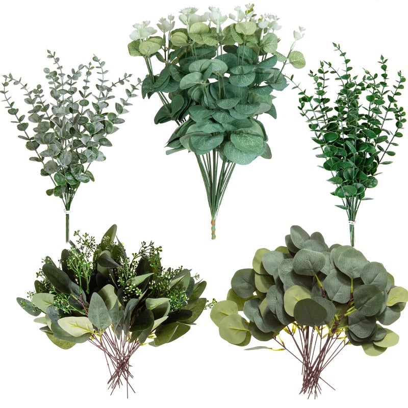 Cliselda 100pcs Artificial Eucalyptus Leaves Stems, 5 Kinds Mixed Fake Greenery Stems Bulk, Silver Eucalyptus Bundle Greenery Branches for Wedding Floral Bouquet Arrangement Centerpiece Decoration - Image 1