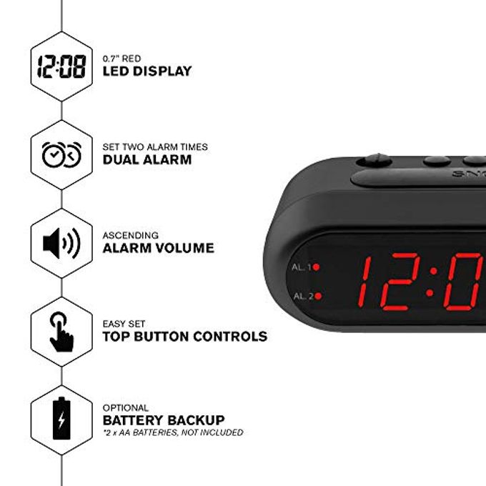 SHARP Digital Alarm Clock  Black Case With Red Leds Ascending Alarm Grows Increasing Louder, Gentle Wake Up Experience, Dual Alarm Battery Back-Up, Easy To Use With Simple Operation - Image 2