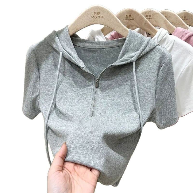 Hooded Slim Fit T-Shirt Short Sleeve Women'S Double Zipper Design Chic Summer Coat Short Top Women'S - Image 4