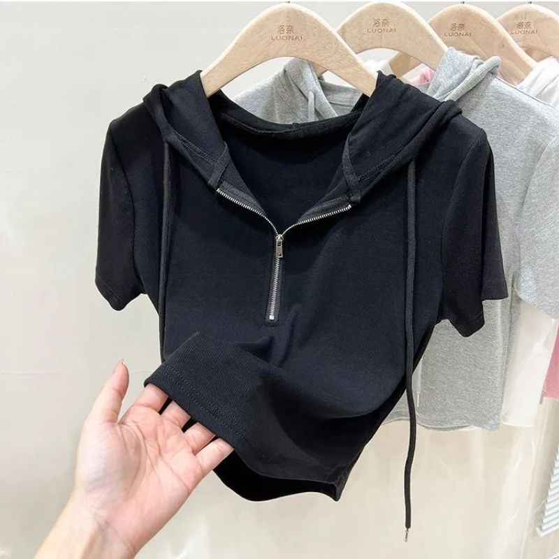 Hooded Slim Fit T-Shirt Short Sleeve Women'S Double Zipper Design Chic Summer Coat Short Top Women'S - Image 3