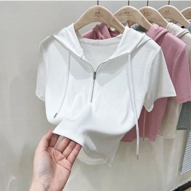 Hooded Slim Fit T-Shirt Short Sleeve Women'S Double Zipper Design Chic Summer Coat Short Top Women'S - Image 2