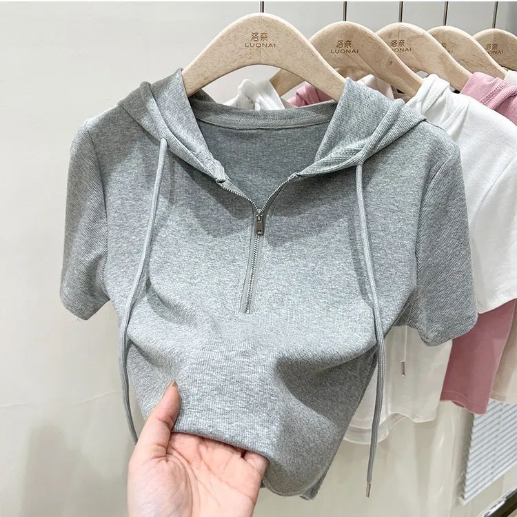 Hooded Slim Fit T-Shirt Short Sleeve Women'S Double Zipper Design Chic Summer Coat Short Top Women'S - Image 1