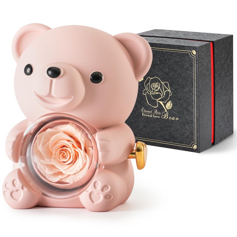 Anthonic Cute Teddy Bear with Preserved Rose - A Real Rose Flower in Bear with Elegant Gift Box - Romantic Gift for Her in Mother's Day, Weddings, Anniversaries, and Bridal Showers (Champagne) - Image 1