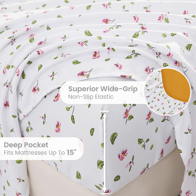Mooreeke Queen Sheets Set - 4 Pieces Soft Breathable Microfiber Bed Sheet Set - Pink Flower Green Leaf Pattern Sheet Set - Deep Pocket Non-Slip Floral Printed Fitted Sheet Included for All Season - Image 5