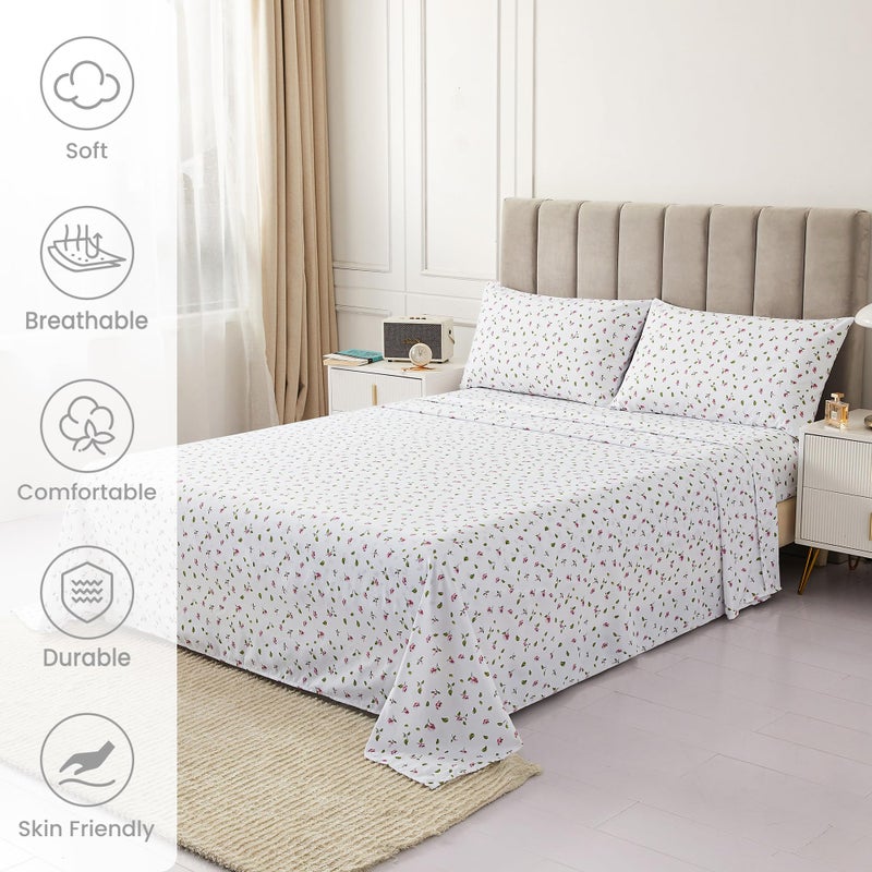 Mooreeke Queen Sheets Set - 4 Pieces Soft Breathable Microfiber Bed Sheet Set - Pink Flower Green Leaf Pattern Sheet Set - Deep Pocket Non-Slip Floral Printed Fitted Sheet Included for All Season - Image 3