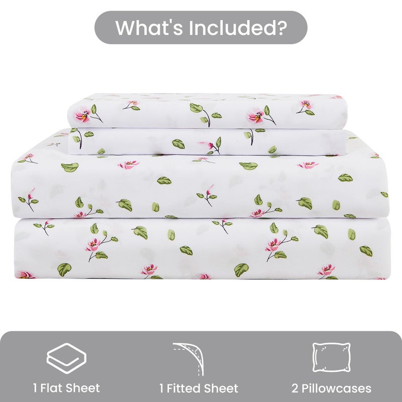 Mooreeke Queen Sheets Set - 4 Pieces Soft Breathable Microfiber Bed Sheet Set - Pink Flower Green Leaf Pattern Sheet Set - Deep Pocket Non-Slip Floral Printed Fitted Sheet Included for All Season - Image 2