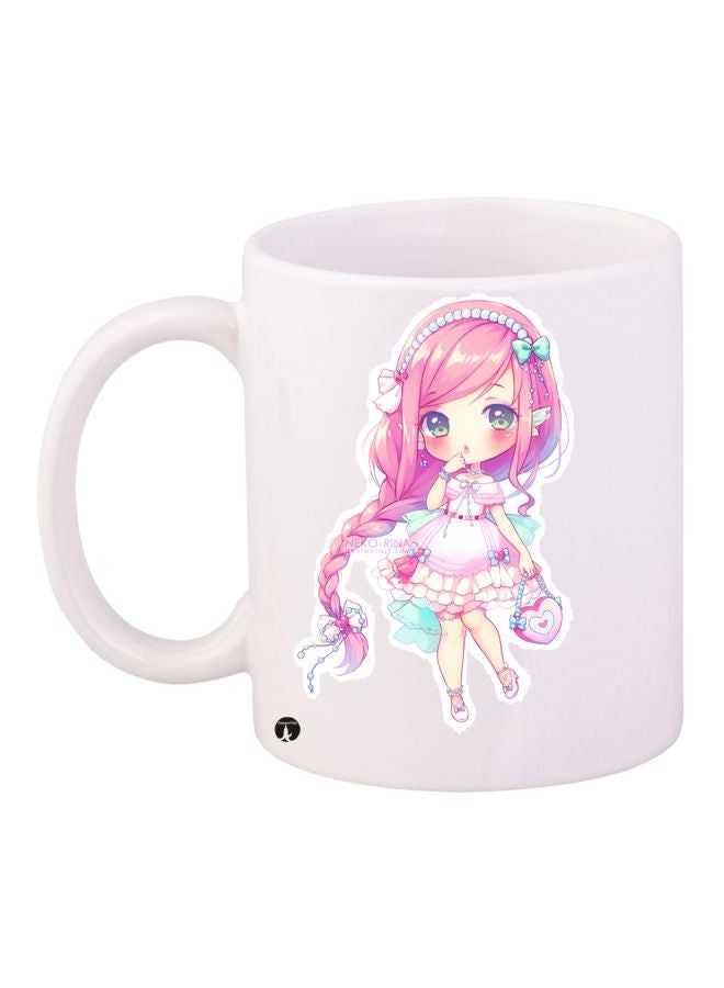 RKN Cartoon Girl Printed Coffee Mug White/Pink/Beige 11ounce - Image 1