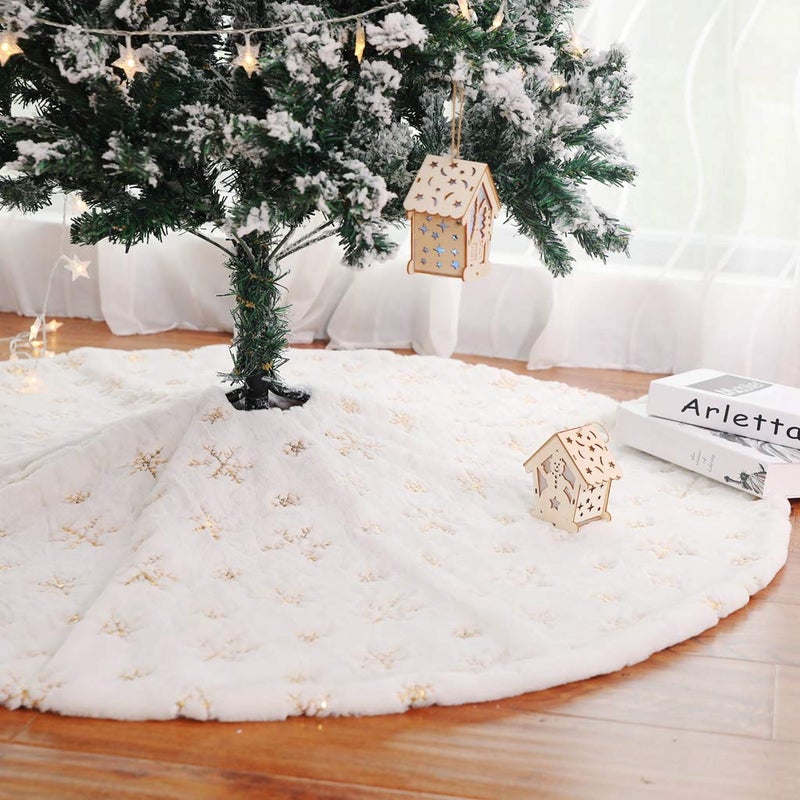 Kaximd Christmas Tree Skirt 303649 inches Xmas White Tree Skirts Snowflake Embroidery for Christmas Decorations Holiday Party 198 Gold 78