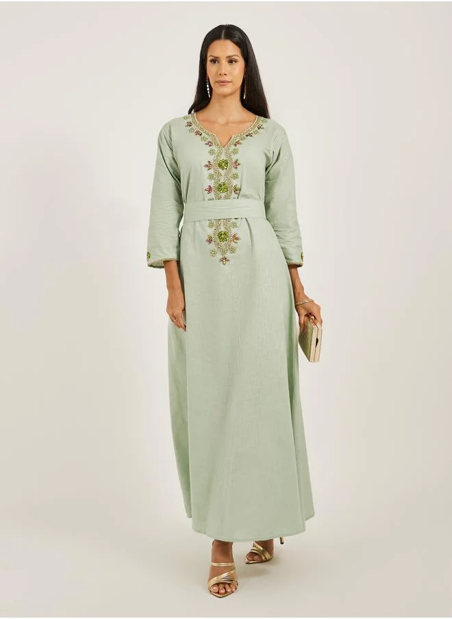 مكسيم كريشن Embroidered Notch Neck A-Line Jalabiya with Belt