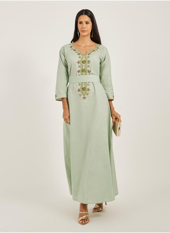 Maxim Creation Embroidered Notch Neck A-Line Jalabiya with Belt by Styli  - Image 2
