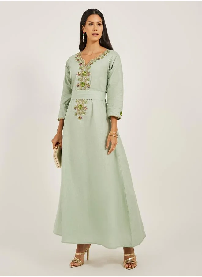 Maxim Creation Embroidered Notch Neck A-Line Jalabiya with Belt