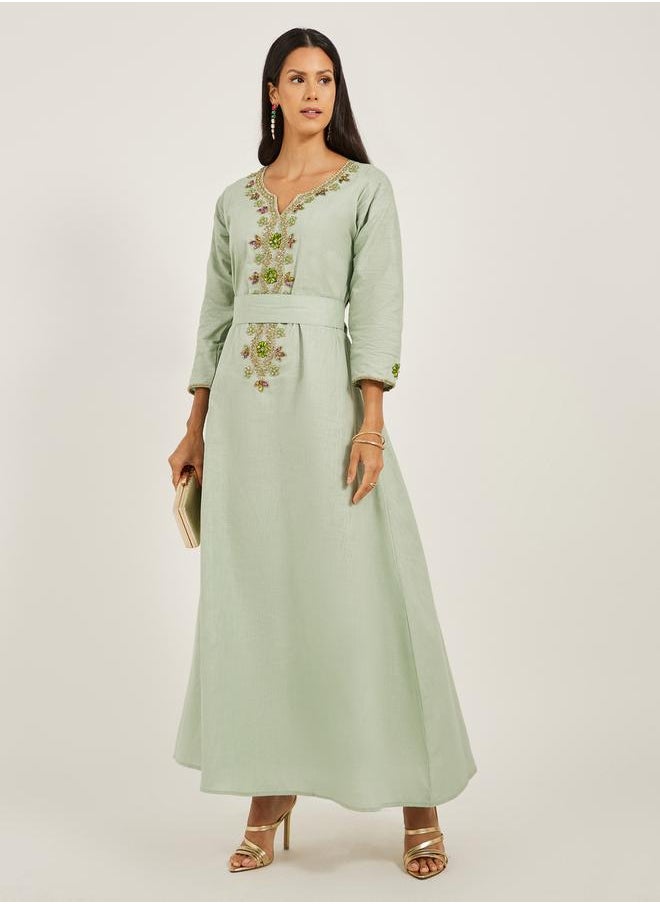 Maxim Creation Embroidered Notch Neck A-Line Jalabiya with Belt by Styli  - Image 1